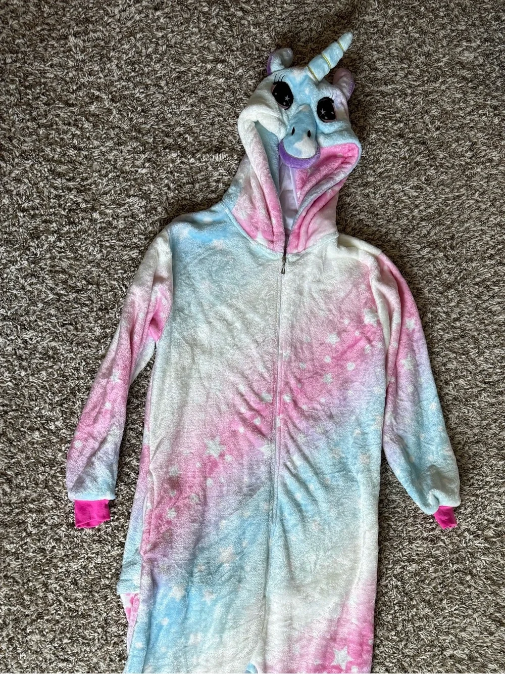 Small women Unicorn Tie-Dye Fleece One-Piece Pajamas - Pink Blue rainbow